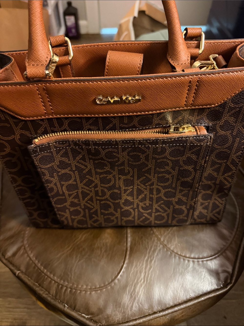 Calvin Klein Brown Logo Satchel with Tan Trim